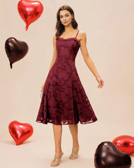 Wine Red Sweetheart Neck Jacquard Slip Midi Dress