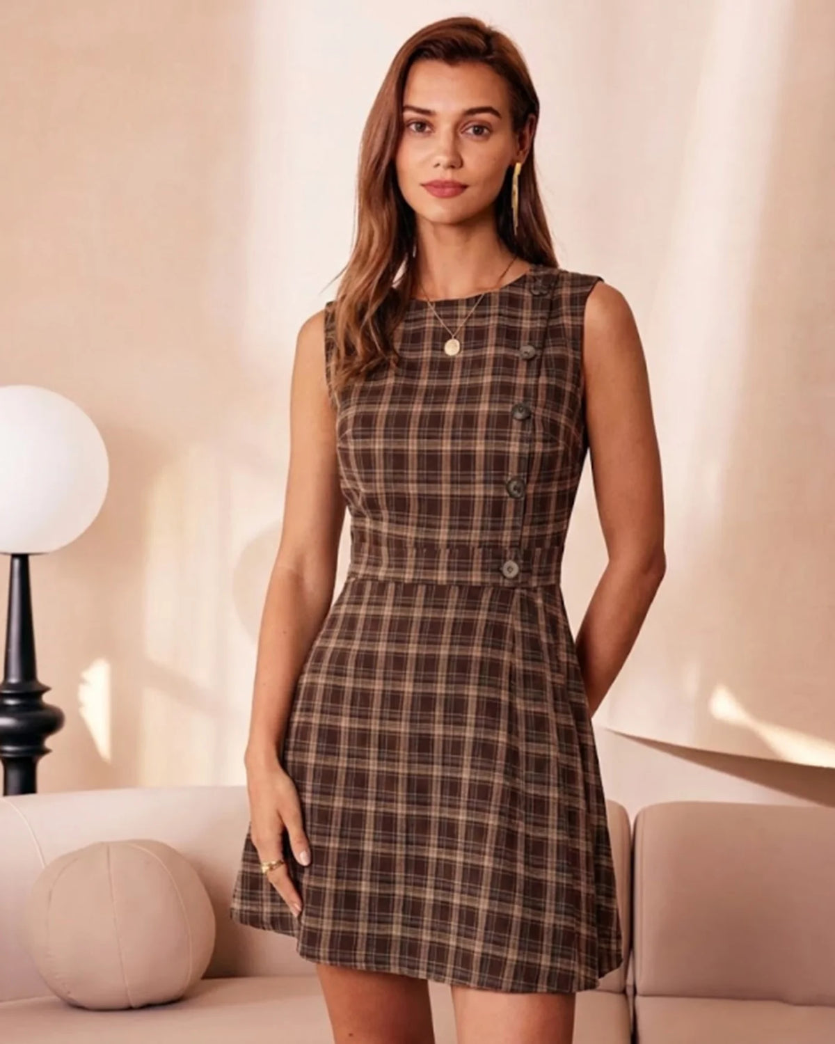 Brown Sleeveless Plaid Mini Dress