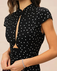 Black Mandarin Collar Polka Dot Midi Dress