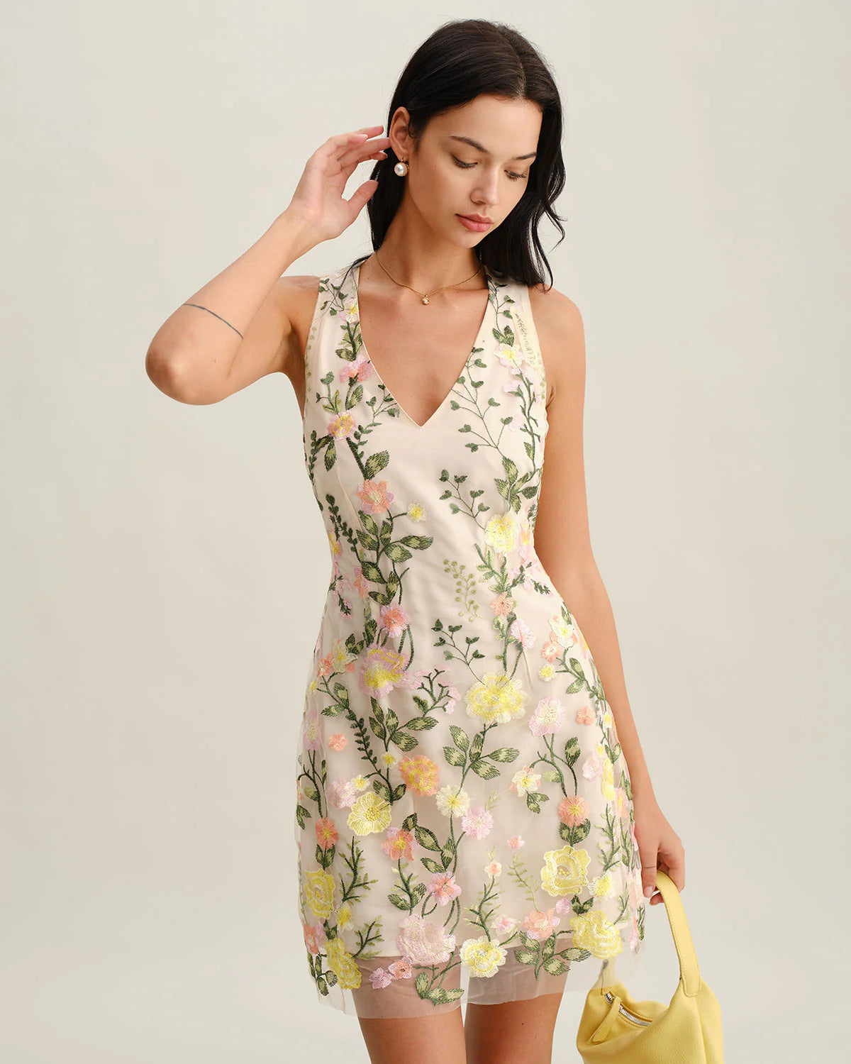Yellow V Neck Floral Sleeveless Mini Dress