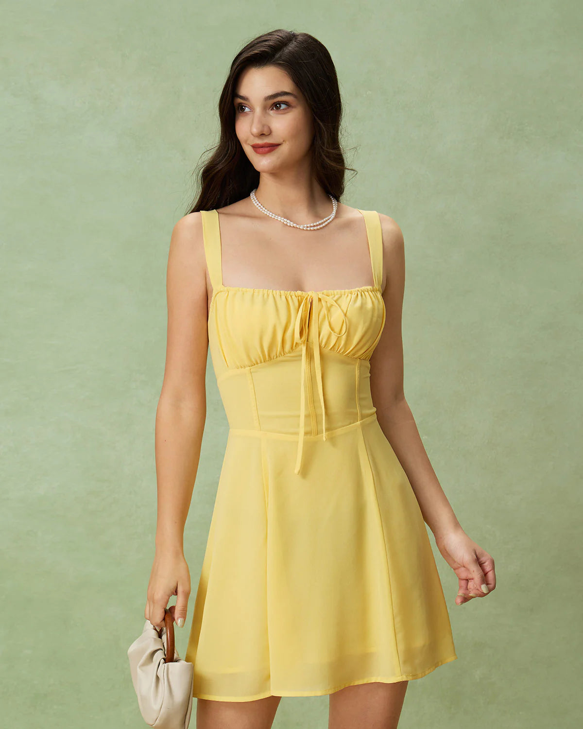 Yellow Square Neck Ruched Mini Dress