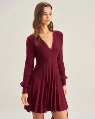 Wine Red V-Neck A-Line Sweater Dress