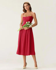 Red Square Neck Pocket Slip Midi Dress