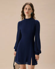 Blue Round Neck Tunic Mini Dress
