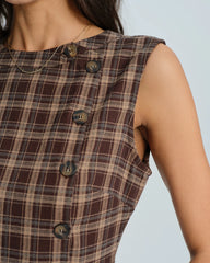 Brown Sleeveless Plaid Mini Dress