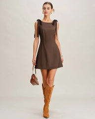 Coffee Boat Neck Tie Strap Mini Dress
