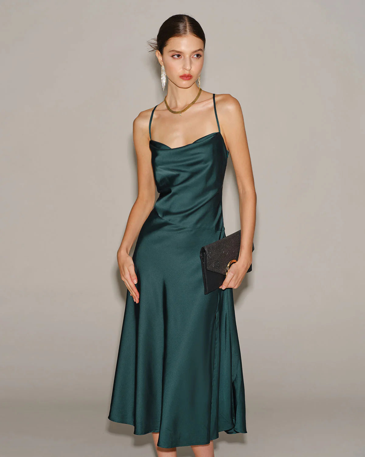 Green Satin Cowl Neck Slip Midi Dress