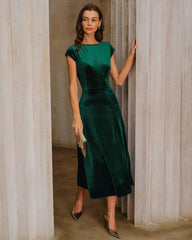 Green Velour A-Line Midi Dress