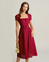 Wine Red Square Neck A-Line Midi Dress
