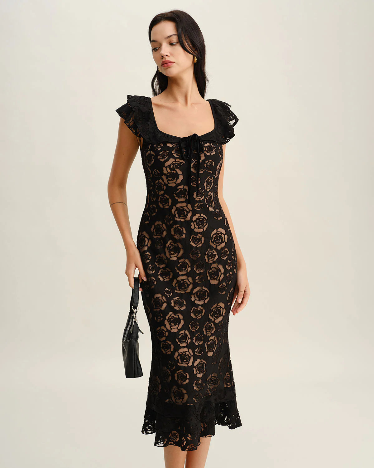 Black Textured Ruffle Mermaid Midi Dress