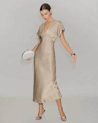 Apricot Satin V Neck A-Line Midi Dress