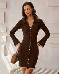 Brown Bodycon Button Sweater Dress