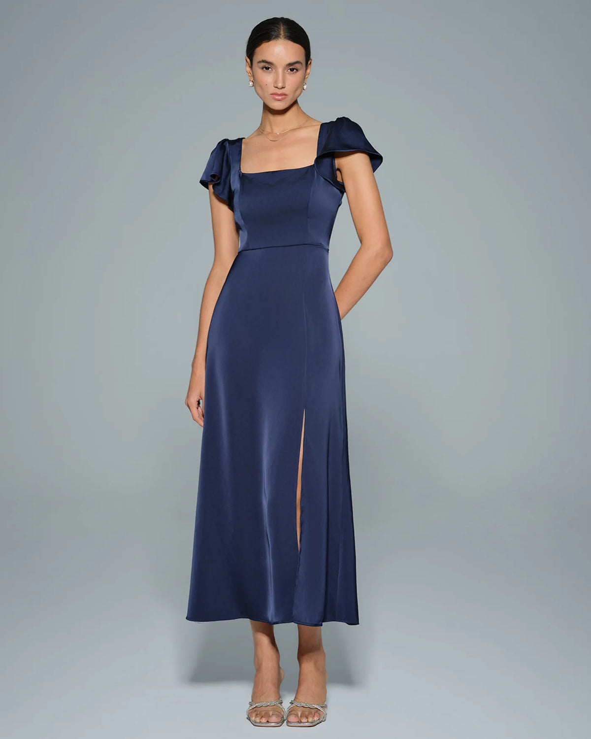 Navy Square Neck Satin Maxi Dress