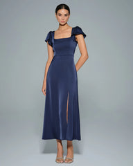 Navy Square Neck Satin Maxi Dress