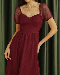 Red Sweetheart Neck Polka Dot Midi Dress