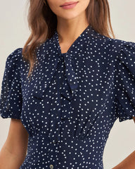 Navy Polka Dot Mock Neck Midi Dress