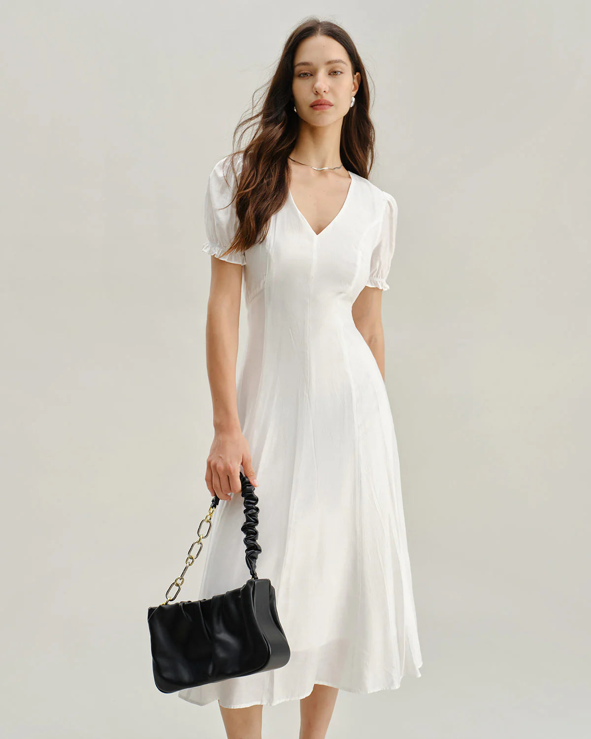 White Puffed Sleeve V Neck Midi Dress
