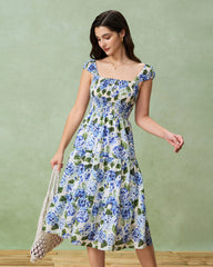 Blue Floral Square Neck Shirred Midi Dress