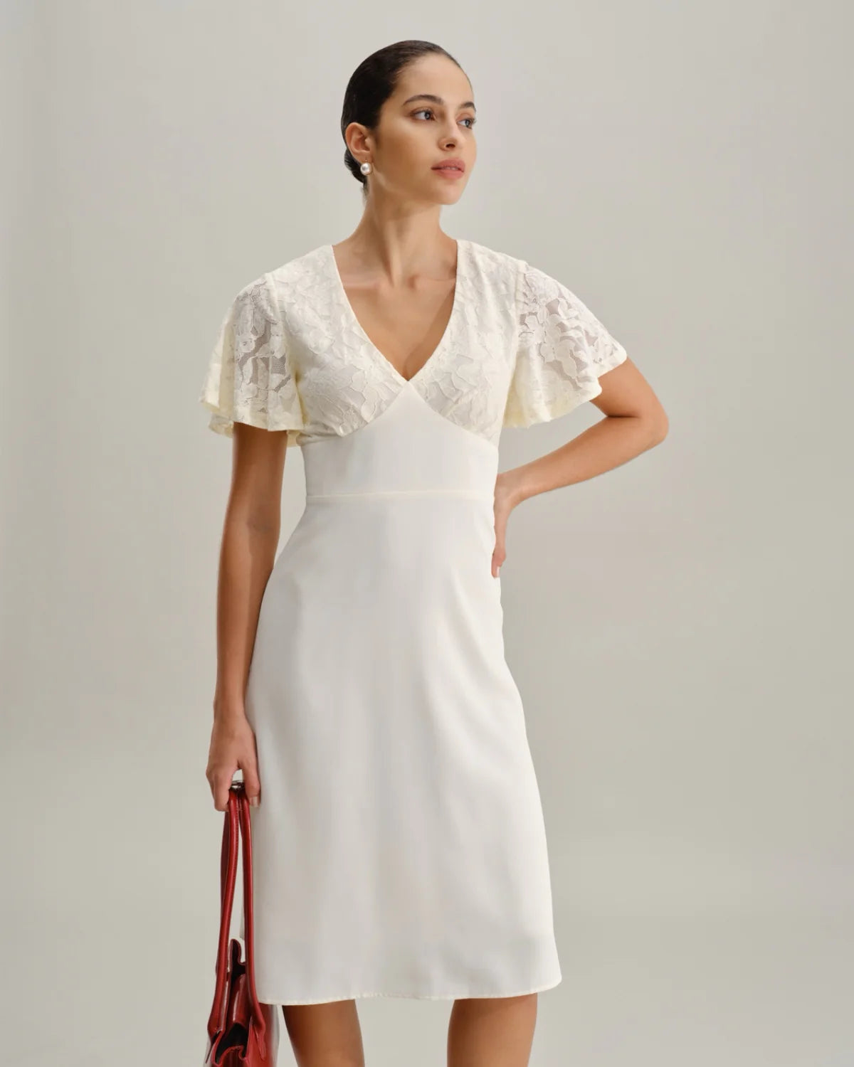 White Textured V-Neck Midi Dress