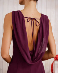Wine Red Boat Neck Backless Midi Dress