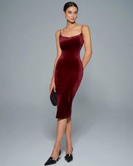 Wine Red Velour Slip Midi Dress