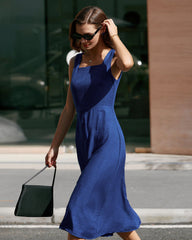 Blue Square Neck Pleated Sleeveless Midi Dress