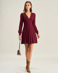 Wine Red V-Neck A-Line Sweater Dress