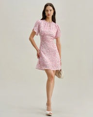 Pink Floral Round Neck Pleated Mini Dress
