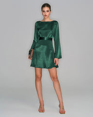 Green Boat Neck Satin Mini Dress