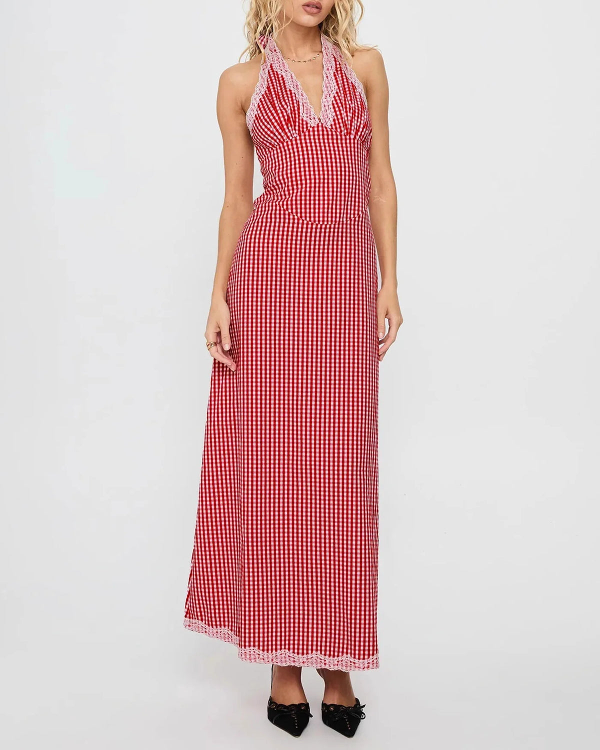 Red Plaid Halter Maxi Dress