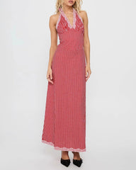 Red Plaid Halter Maxi Dress