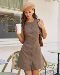Brown Gingham A-Line Sleeveless Mini Dress