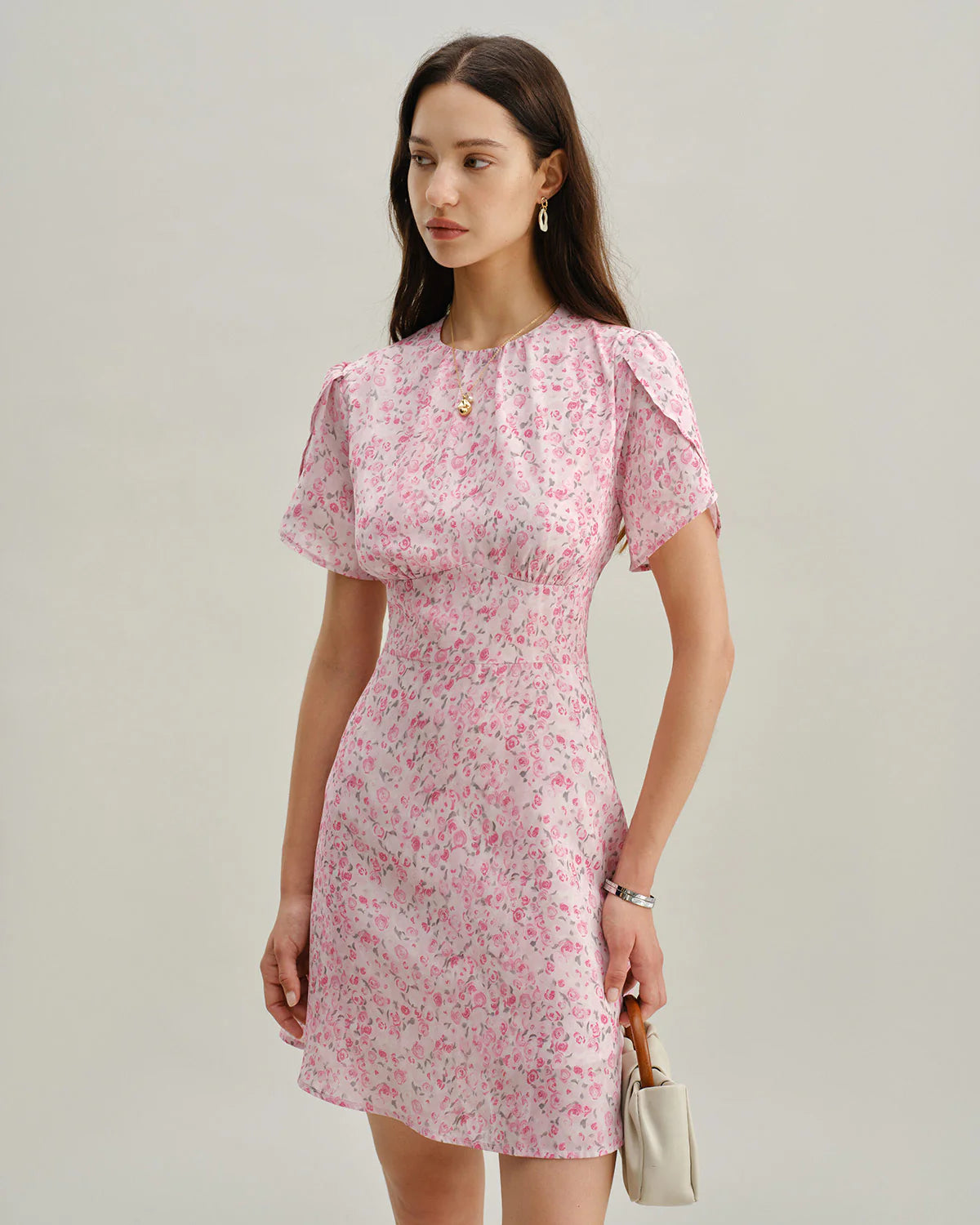 Pink Floral Round Neck Pleated Mini Dress