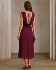 Wine Red Boat Neck Backless Midi Dress