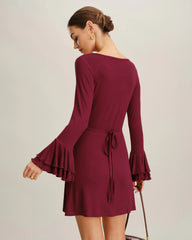 Wine Red A-Line Ruffle Mini Dress