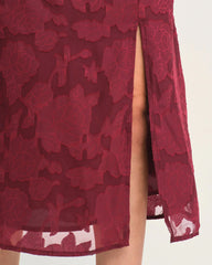 Wine Red Jacquard Slit Midi Dress