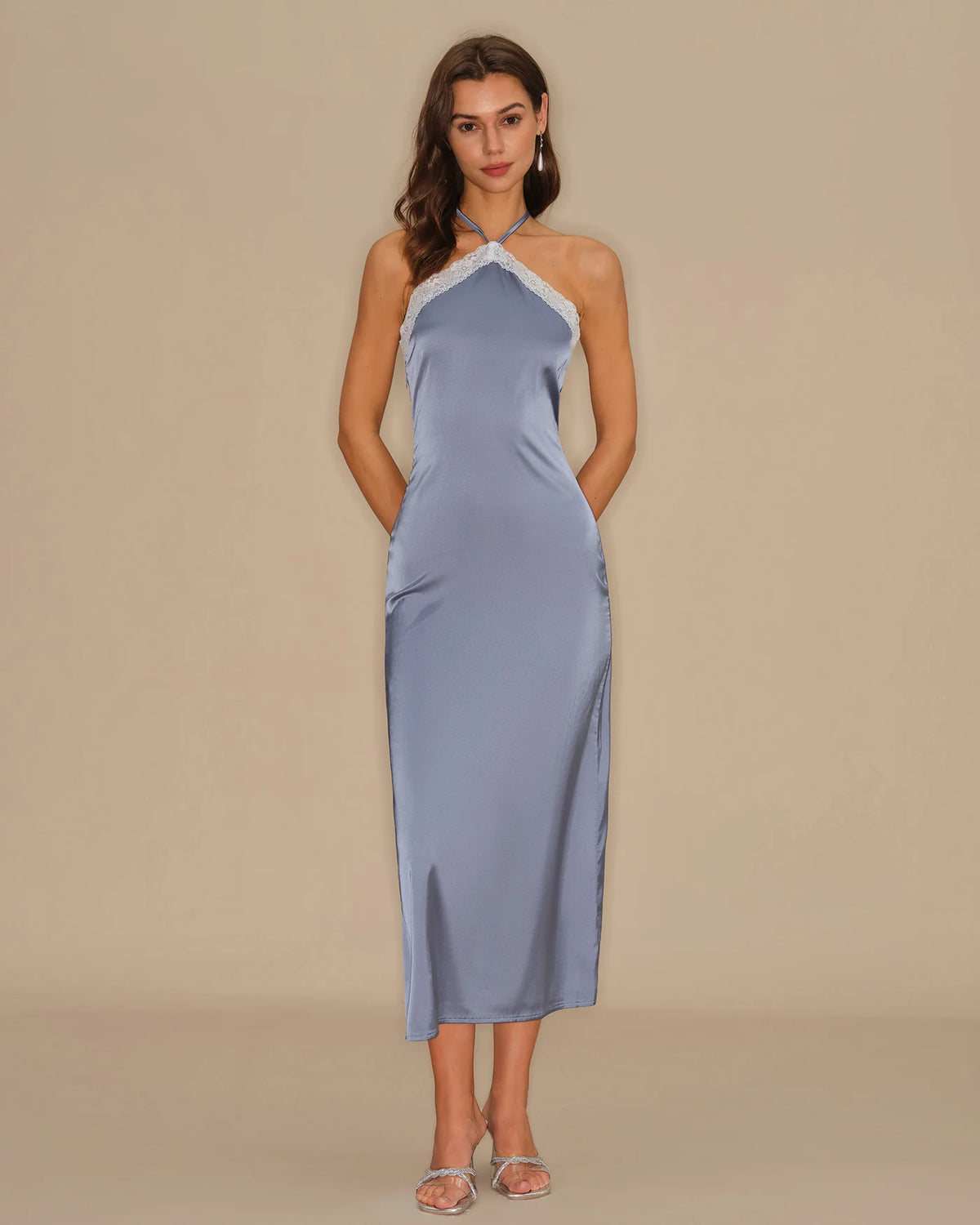 Blue Halter Slip Midi Dress