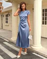 Blue Satin Cap Sleeve Slit Midi Dress