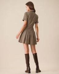 Brown Plaid Lapel Pleated Mini Dress