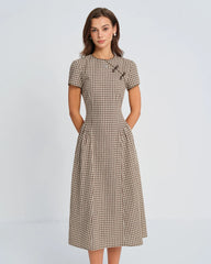 Brown Plaid Round Neck Midi Dress
