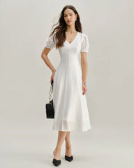 White Puffed Sleeve V Neck Midi Dress
