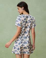 Blue Floral V-Neck Button A-Line Mini Dress