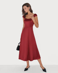 Red Sweetheart Neck Satin Midi Dress