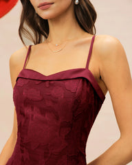 Wine Red Sweetheart Neck Jacquard Slip Midi Dress
