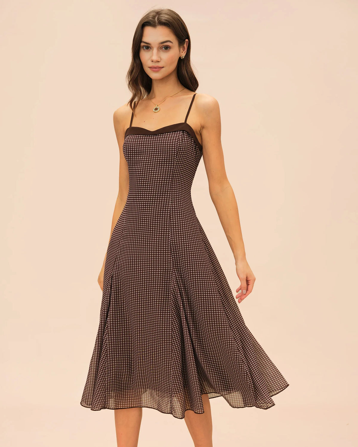 Brown Sweetheart Neck Plaid Slip Midi Dress