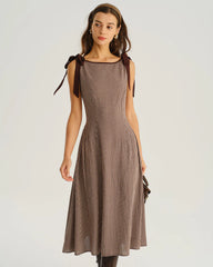 Brown Plaid Boat Neck A-Line Midi Dress