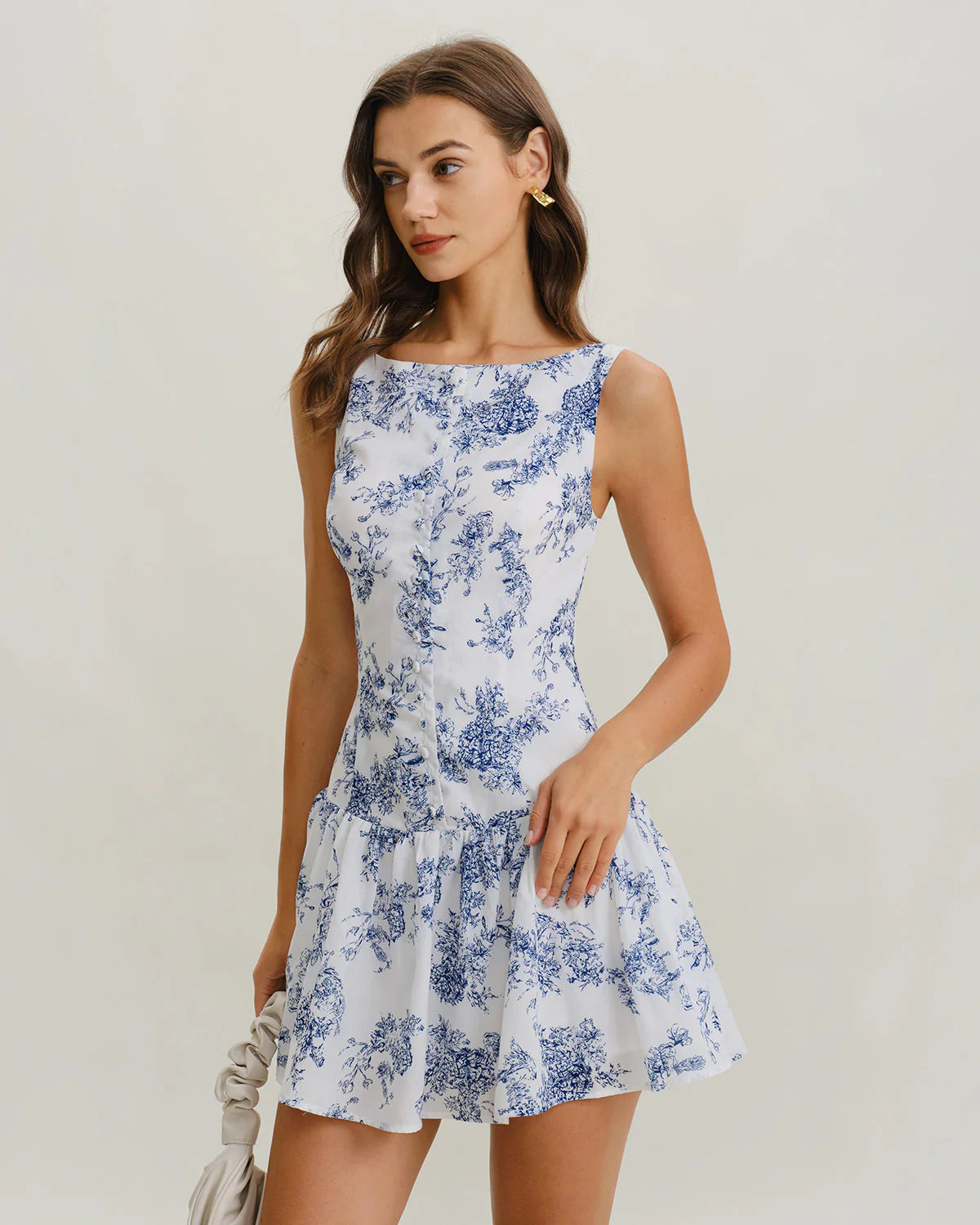 Blue Floral Boat Neck Sleeveless Mini Dress