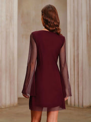 Wine Red Boat Neck Mesh Mini Dress