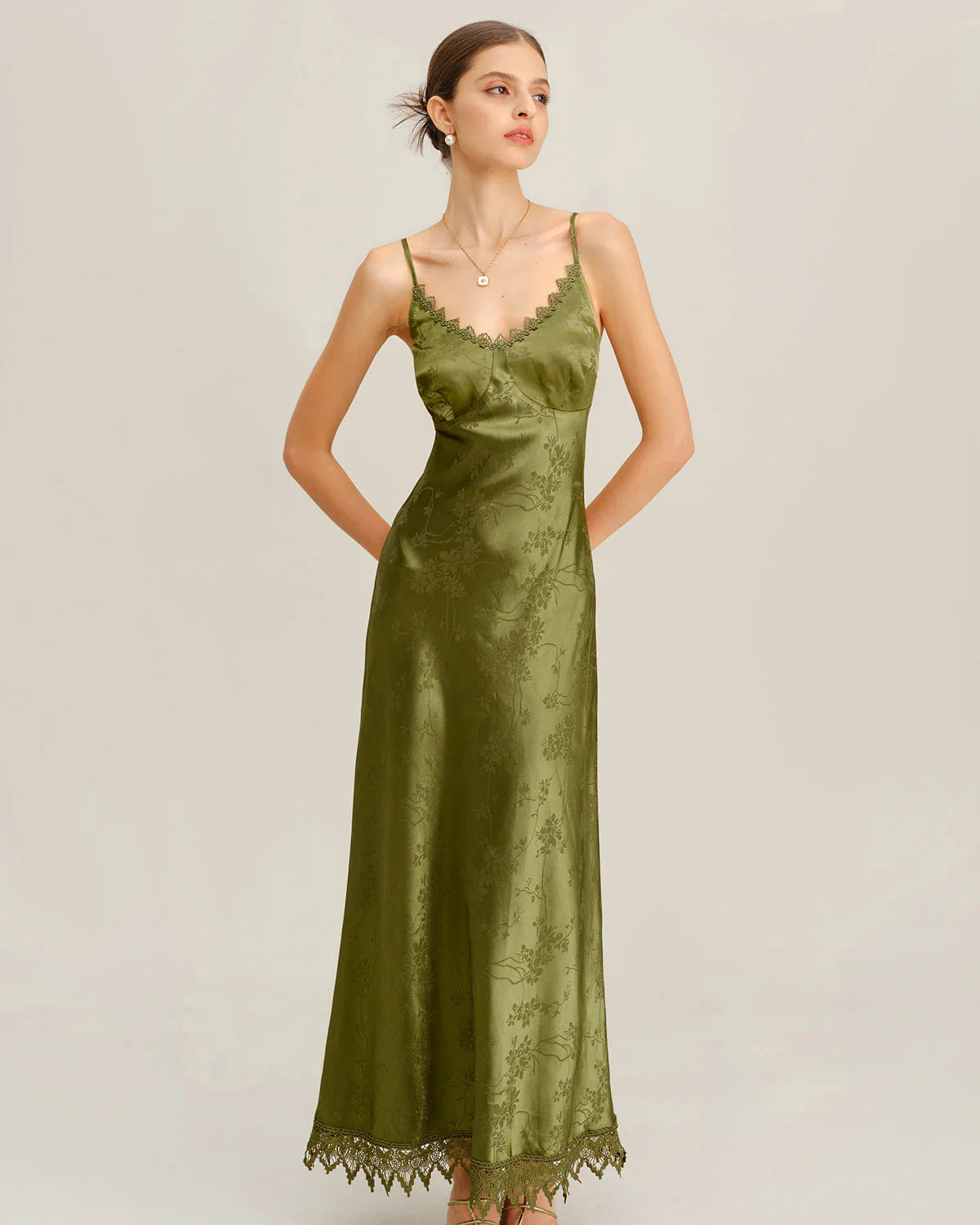 Green Jacquard Corset Slip Maxi Dress