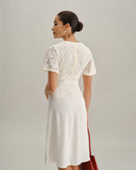 White Textured V-Neck Midi Dress